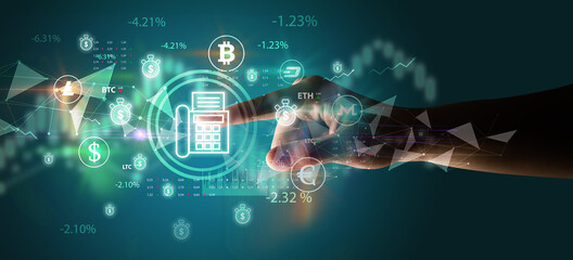 Business person hand pushing currency symbol on multimedia touch screen