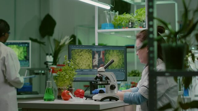 Biochemistry doctor examining chemical test using microscope for genetic researcher. Biologist specialist discovery organic gmo plants while working in microbiology food laboratory