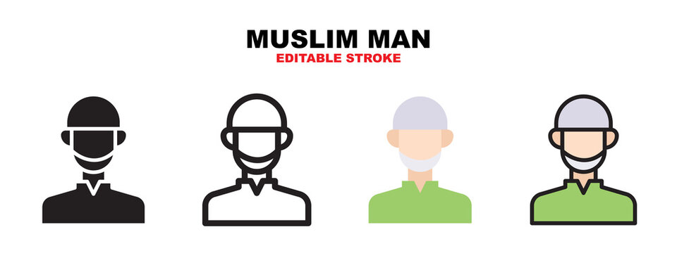 Muslim Man icon set with different styles. Icons designed in filled, outline, flat, glyph and line colored. Editable stroke and pixel perfect. Can be used for web, mobile, ui and more.