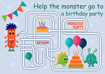 Mini games collection for kids. Help the monster go to a birthday party. Leisure activity for preschool. Funny monster. Task for children. Maze. Labyrinth.