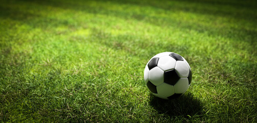 Football soccer ball on grass field