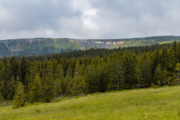 Fototapeta na wymiar Panorama of Giant Mountains next to trail to Sniezka