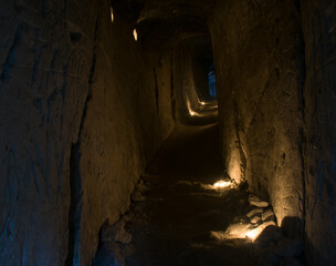 Abandoned chalk cave, the walls are painted by Russian tourists. The text of the inscriptions on the walls in Russian 