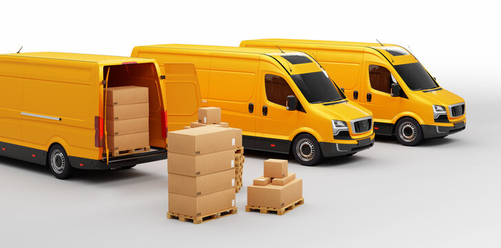 Parcel delivery in van transportation trucks on white.
