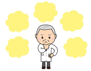 おじいさん03_02（白衣を着て困った顔の男性・医者・研究者・吹き出し）