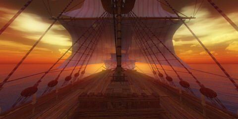 old ship sunset at sea 3d rendering