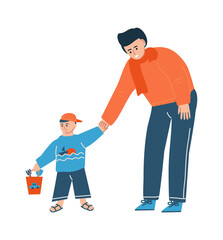 Young family. Father and son spend time together. Cartoon child and parent hold hands. Kid plays with sand bucket and shovel. Dad and boy walk in park. Vector outdoor leisure activity