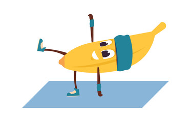 Cartoon banana doing yoga. Fruit character sport training on gymnastic mat. Yellow mascot exercising in gym. Isolated talisman performing asana pose. Vector fitness or Pilates workout