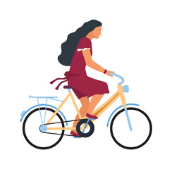 Fototapeta na wymiar Woman on bike. Cartoon female character riding on bicycle. Profile view of young cute cyclist. Girl traveling around city on cycle and biking in park. Vector summer outdoor activity