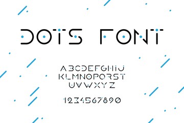 Dots font. Minimal uppercase numbers and letters of English alphabet. Black text symbols with blue points. Calligraphic template for headers and logo design. Vector typographic typeface