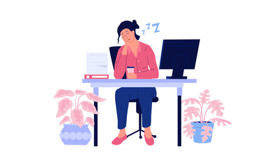 Tired woman. Stressed and burn out worker sleeps sitting at table. Overwhelmed office employee. Asleep female character procrastinating in workplace. Vector napping overworked person