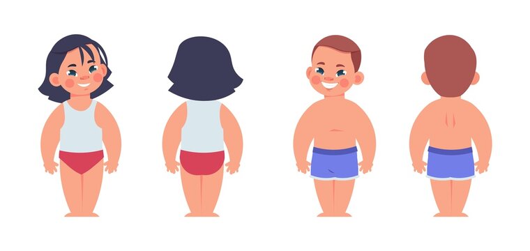 Cartoon kids in underwear. Children from front or back sides. Isolated standing boy and girl wearing casual clothes. Little people in underpants and tank tops. Vector persons show garment