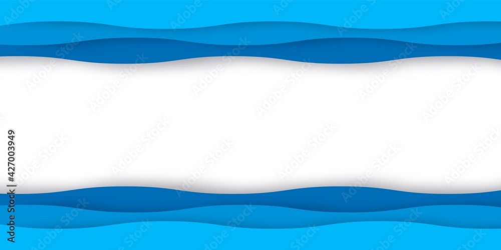 Poster Origami blue water waves. 3D paper cut design. Blank frame with copy space. Wavy borders. Horizontal abstract banner template. Color gradient and shadow effect. Vector marine style mockup