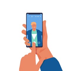 Man taking selfie on phone. Cartoon character shooting photos of himself on smartphone. Young male holding mobile and touching button on device screen. Vector person making snapshot