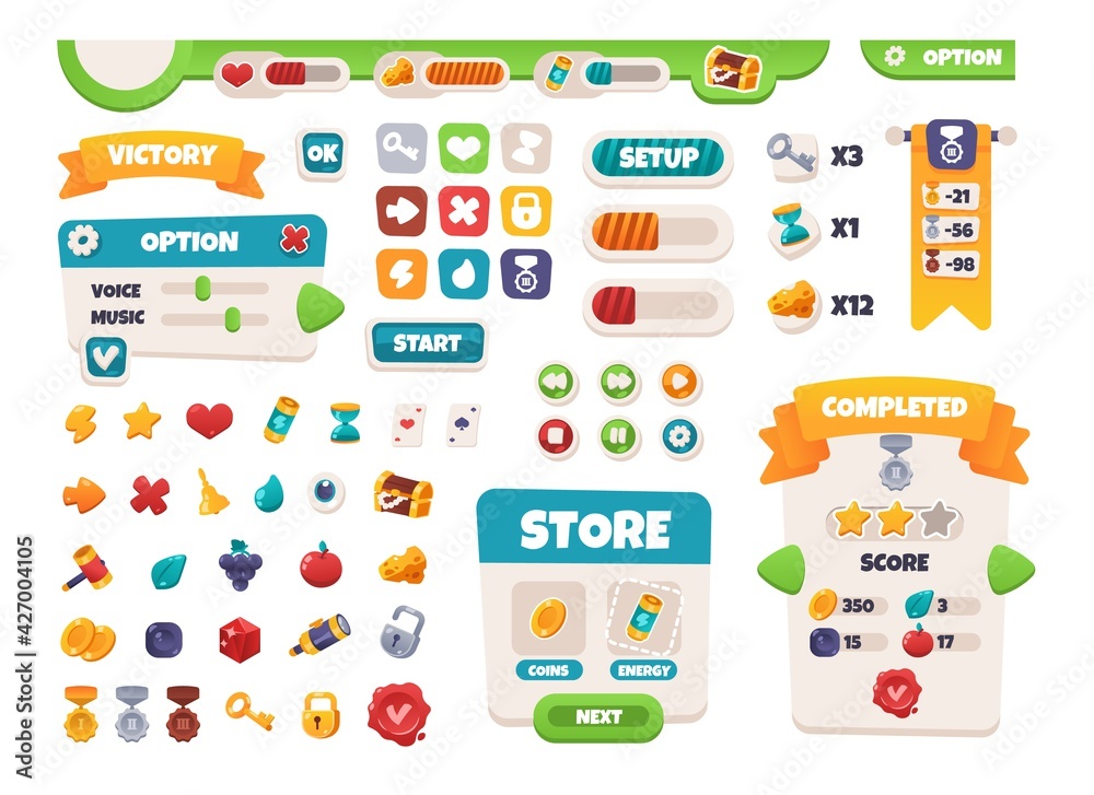 Poster Game UI buttons. Mobile application interface elements. Cartoon colorful design. Progress bar, panel and indicators. Video gaming menu kit. Isolated medals and prizes. Vector arcade set