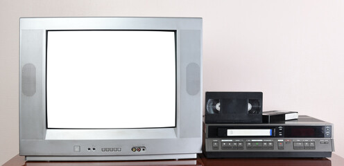 Old silver vintage TV with white screen to add new images to the screen, VCR on wallpaper background. 1980s, 1970s.