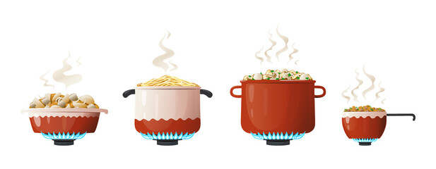 Cooking pot. Cartoon saucepan and kitchenware equipment on gas with boiling food and steam. Utensil for preparing meal on fire. Household crockery set. Vector side view of dinnerware
