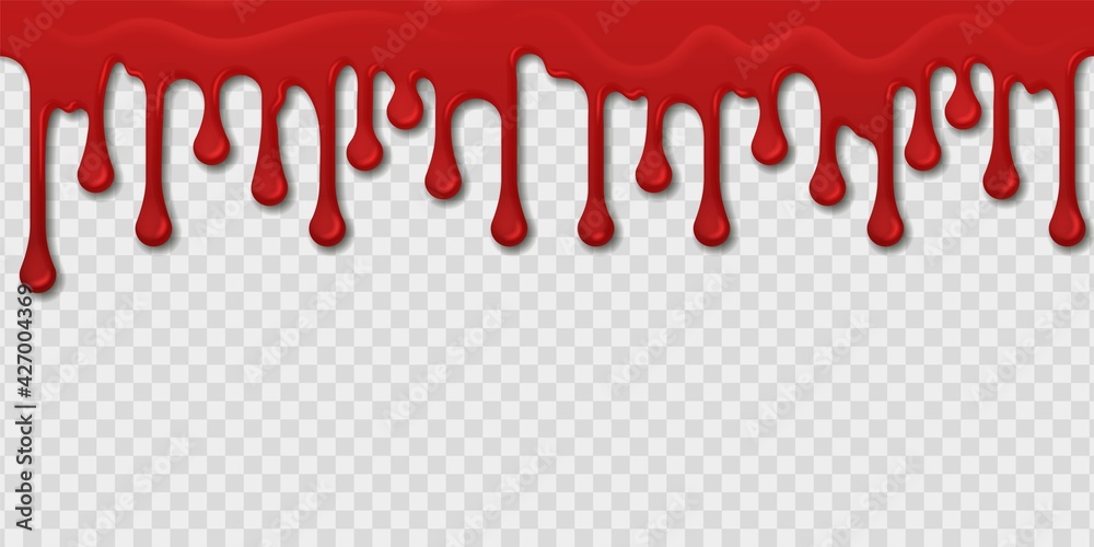 Poster Blood seamless pattern. Realistic red paint drops and splashes on transparent background. Bleeding template. Bright spooky dripping border. Bloody oozing stain. Vector murder texture