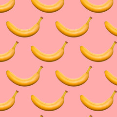 Banana seamless pattern on pastel pink background. Trendy colors Summer tropical exotic fruit pattern, concept. Nature background., gift wrapping paper, textile print design.