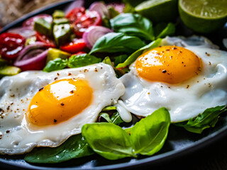 Sunny side up eggs with avocado, cherry tomatoes, toasted bread and red onion on wooden table

