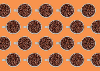 A cup and saucer is lined with coffee beans on a yellow background. Creative pattern for coffee shops, cafes. Top view, flat lay, copy space.