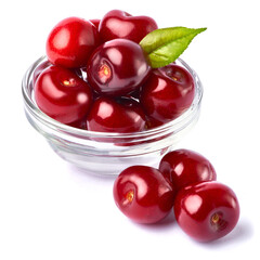 glass bowl of sweet cherry fruits isolated on white background
