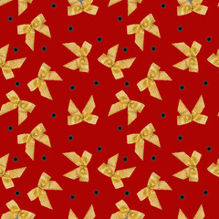 Seamless pattern with decorative yellow golden ribbon bow on red background. Pattern for fabric print, wrapping paper design. New Year and Christmas background. Holiday design