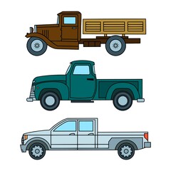 Set of colored vintage toy trucks. Side view. Vector illustration