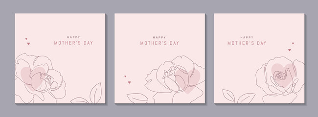 Happy Mother's Day vector greeting cards set with beautiful flowers and hearts. Rose single line drawing with on pink background. One line minimalist style illustration for banner