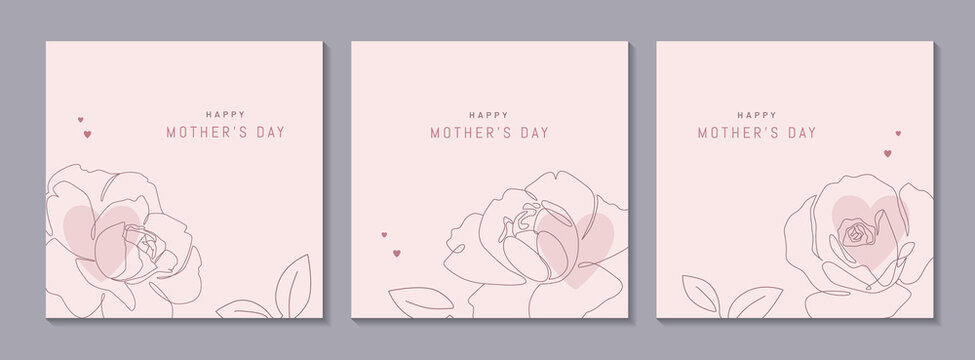 Happy Mother's Day vector greeting cards set with beautiful flowers and hearts. Rose single line drawing with on pink background. One line minimalist style illustration for banner