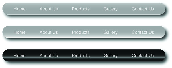 Home, about us, products, Gallery and contact us buttons. Website buttons bar modern concept for projects. Dark interface design. Black and gray icons with reflections and shadows. Eye Comfort design