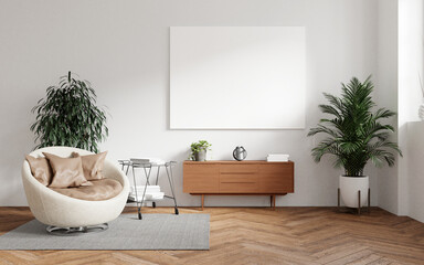 Empty photo frame for mockup in living room, 3D render, 3D illustration.