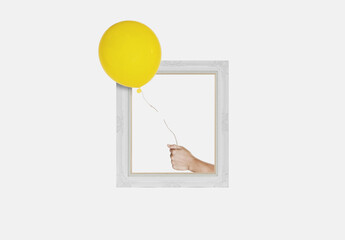 Digital collage modern art, Yellow balloon floating out of picture frame