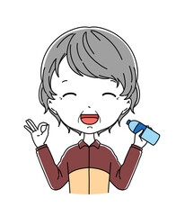 水のボトルを持ってOKサインを出すジャージ姿のおばあちゃんの上半身のイラスト