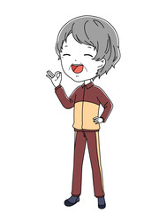 OKサインを出している笑顔のジャージ姿のおばあちゃんの全身イラスト