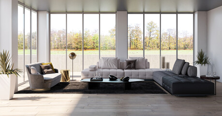 Illustration 3D rendering large luxury modern bright interiors Living room mockup computer digitally generated image