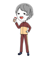 プロテインを持っているジャージ姿のおばあちゃんの全身イラスト