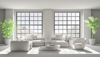 Illustration 3D rendering large luxury modern bright interiors Living room mockup computer digitally generated image