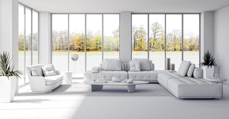 Illustration 3D rendering large luxury modern bright interiors Living room mockup computer digitally generated image