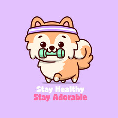 CUTE BROWN PUPPY BITES A DUMBBELL CARTOON ILLUSTRATION