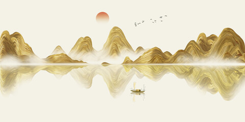 Hand painted Chinese style golden Abstract landscape painting © 心灵艺坊