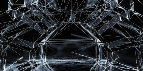 empty futuristic dark hall with concrete floor ground and led lights and reflections 3d render illustration