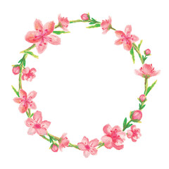 oil pastel of pink cherry blossom, floral wreath circle frame on white background, isolated illustration