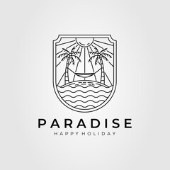 paradise beach, summer, resort, hammock line art logo template vector illustration design