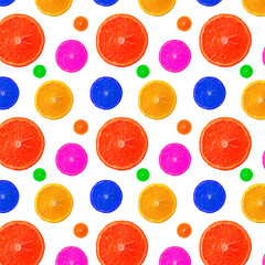 Trendy summer Seamless pattern of Orange Fruit slice unreal unnatural neon bright colors. Healthy...