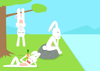 Rabbit acting in boring time, vector cartoon