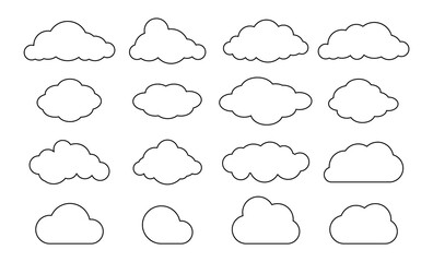 Outline clouds. Line cloud shape set. Vector black sky pictogram.