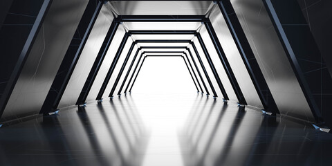 empty black abstract futuristic hallway with reflections 3d render illustration