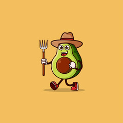 Cute Avocado Farmer character with pitchfork. Fruit character icon concept isolated. flat cartoon style Premium Vector