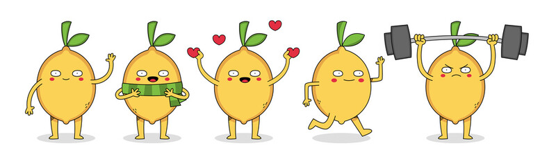 Cute lemon cartoon character set 1 with waving, wearing scarf, spreading love, running and weight lifting